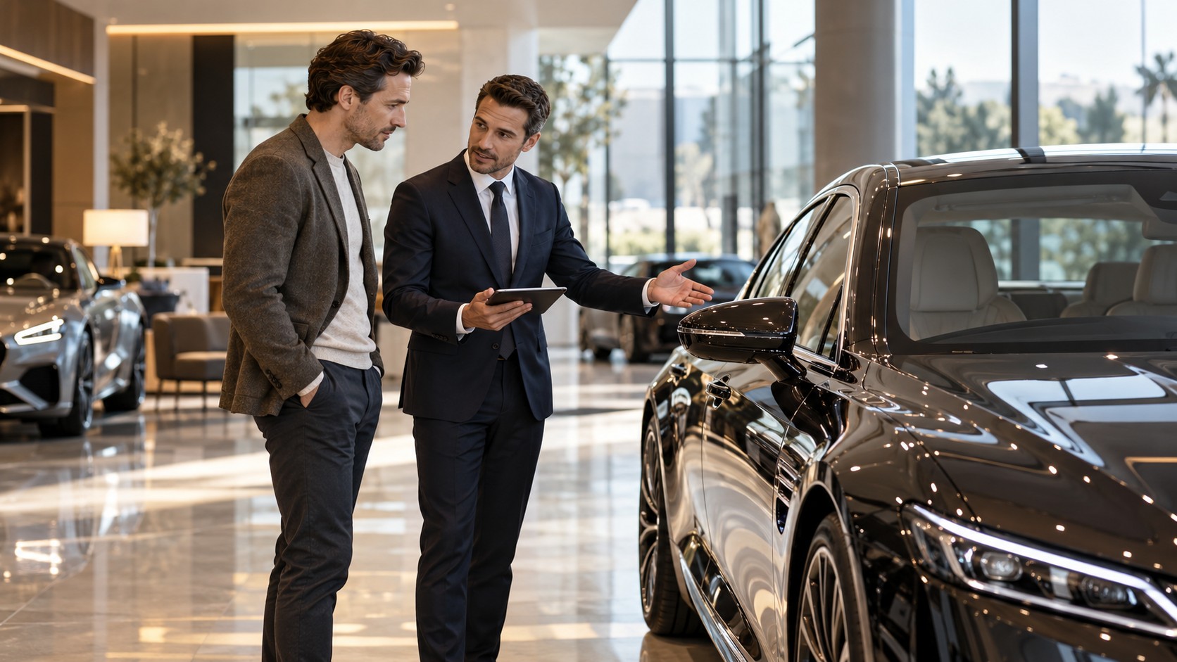 Échange entre un conseiller et un client dans une concession automobile de luxe