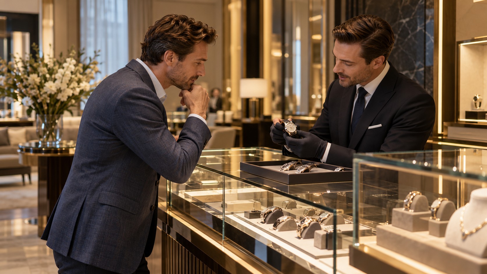 Conseiller et client dans une boutique de joaillerie et d’horlogerie haut de gamme